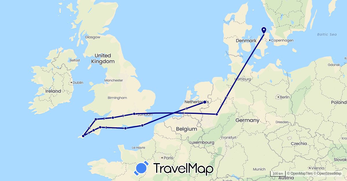 TravelMap itinerary: driving in Germany, Denmark, United Kingdom, Netherlands (Europe)